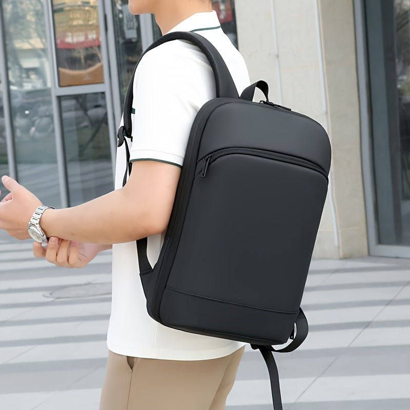 Expandable Black Nylon Business Backpack with Padded Laptop Compartment, Lightweight with Trolley Sleeve, Durable Zipper, Multi-Pocket Design, Splicing and Color Block Detail, Ideal for Daily Commute and Travel - Wet Wipe Cle
