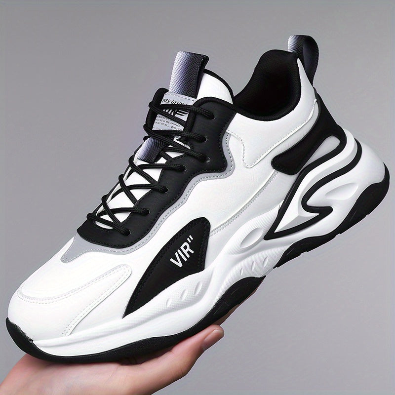 Men's Stylish Color-Block Sneakers - Black Gray with White Accents, Comfortable All-Day Wear, Durable Rubber Sole, Lace-Up Design, Trendy Low-Top Style for Casual or Athletic Use, Casual Sneakers Fashion Sneakers Pu Mat