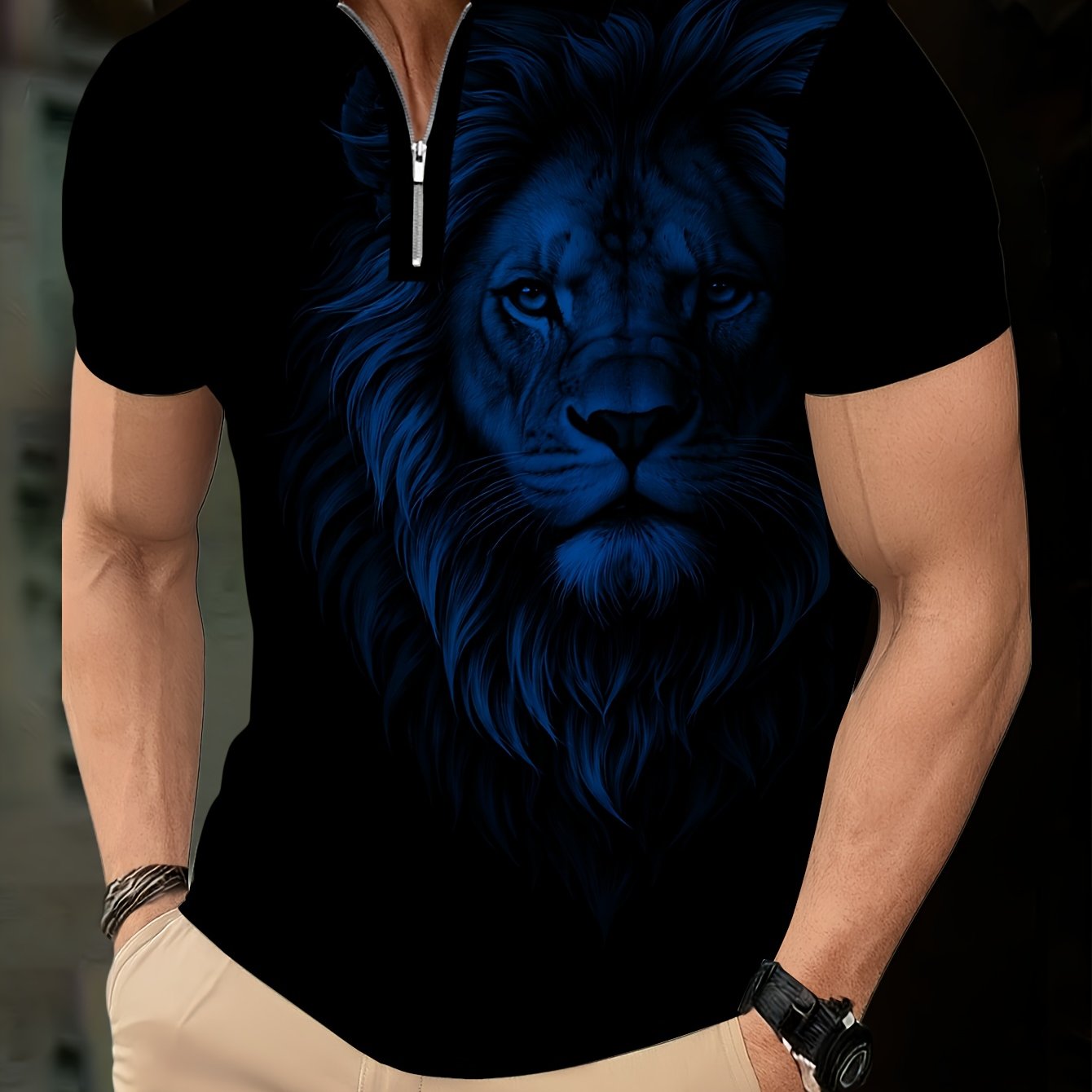 Men's Zip Shirt Short Sleeve Summer Trendy Lion Print Collar T-Shirt Business Casual Slim Fit Men's Top Women's Clothing