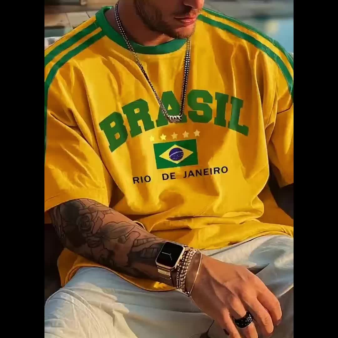 Men'S Casual Short-Sleeve T-Shirt with 3D Digital Printing, Round Neck, Brazilian Style, Made of Slightly Stretchy Polyester Knit Fabric, Suitable for Summer Outdoor Activities And Everyday Wear.