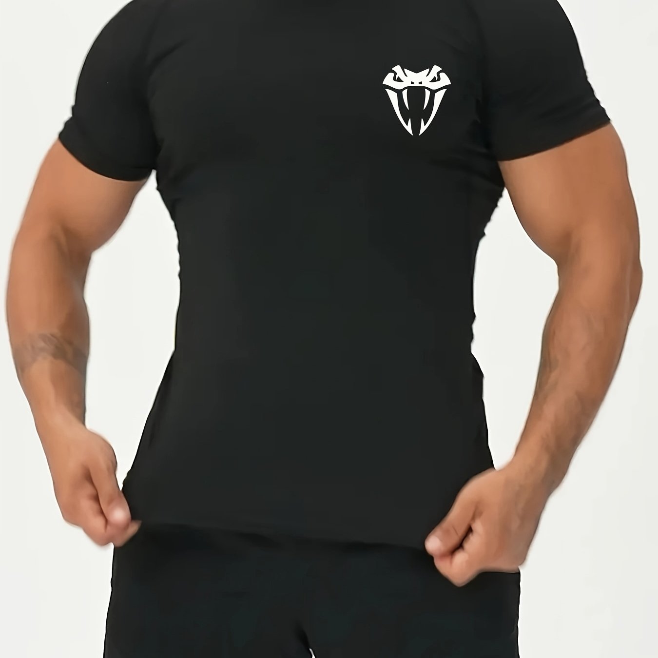 Men'S Quick-Dry Athletic Compression T-Shirt with Serpent Head Logo - Short Sleeve, High Stretch, Breathable Fabric for Running Workout, Blue