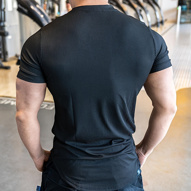 Men's Athletic Striped Solid Color Fitness Short Sleeve T-Shirt, Quick-Dry Stretchy Polyester Sports Tee for Training, Running, Summer, Slim Fit, Round Neck, Knitted Fabric
