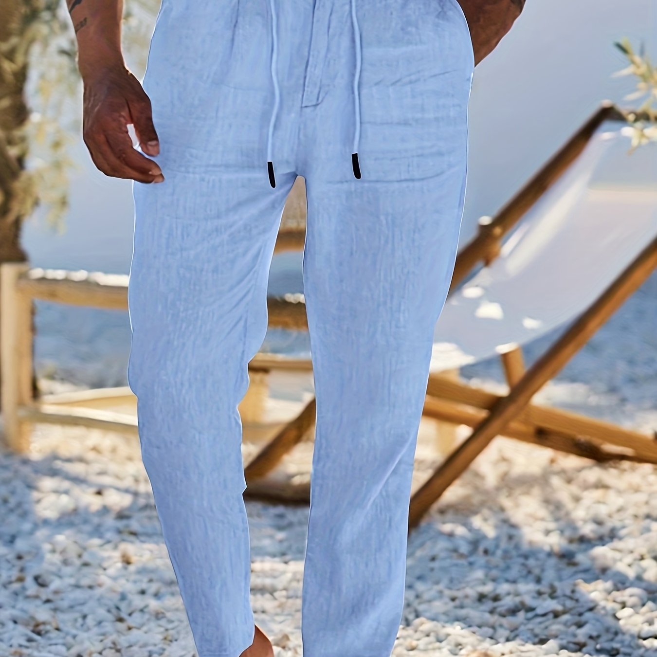 Men'S Casual Linen Drawstring Pants - Comfortable Straight Fit, Lightweight & Breathable for Beach & Outdoor Activities, Beach Casual Wear|Straight Fit Pants|Lightweight Fabric