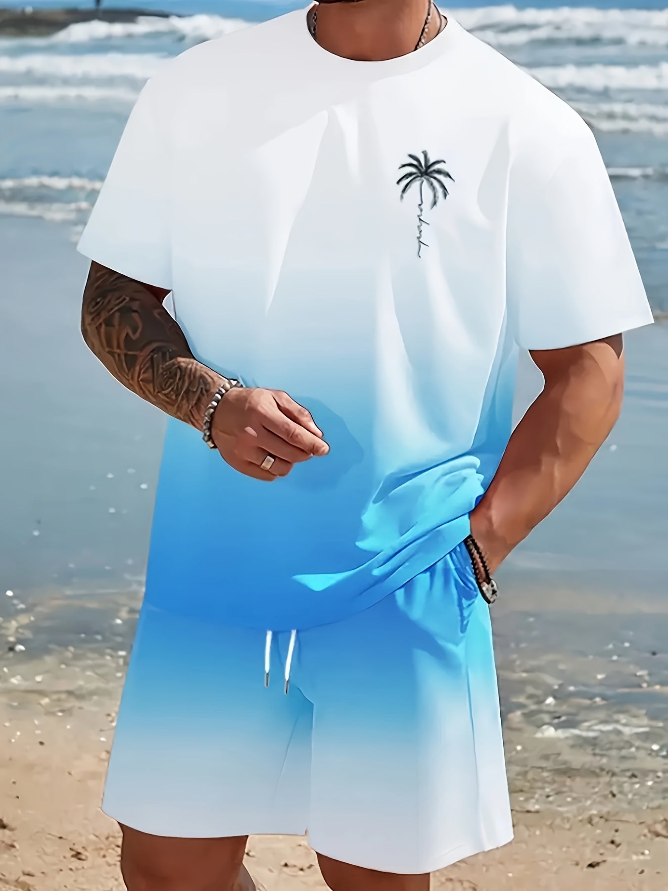 Men's fashion crewneck short-sleeved shorts two-piece set, 3D digital printing HD pattern, summer leisure and comfortable vacation sports Men's wear