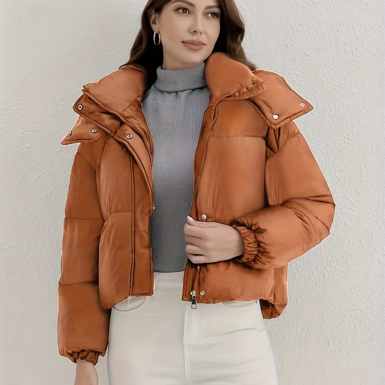 Women'S Lightweight Hooded Jacket - Warm Winter Coat with Full-Zip Closure, Stand Collar, Outer Shell - Easy-Care Cold Weather Outerwear for Everyday & Formal, Winter Jacket, Casual Winter Wear, Highneck Design, Durable Winte