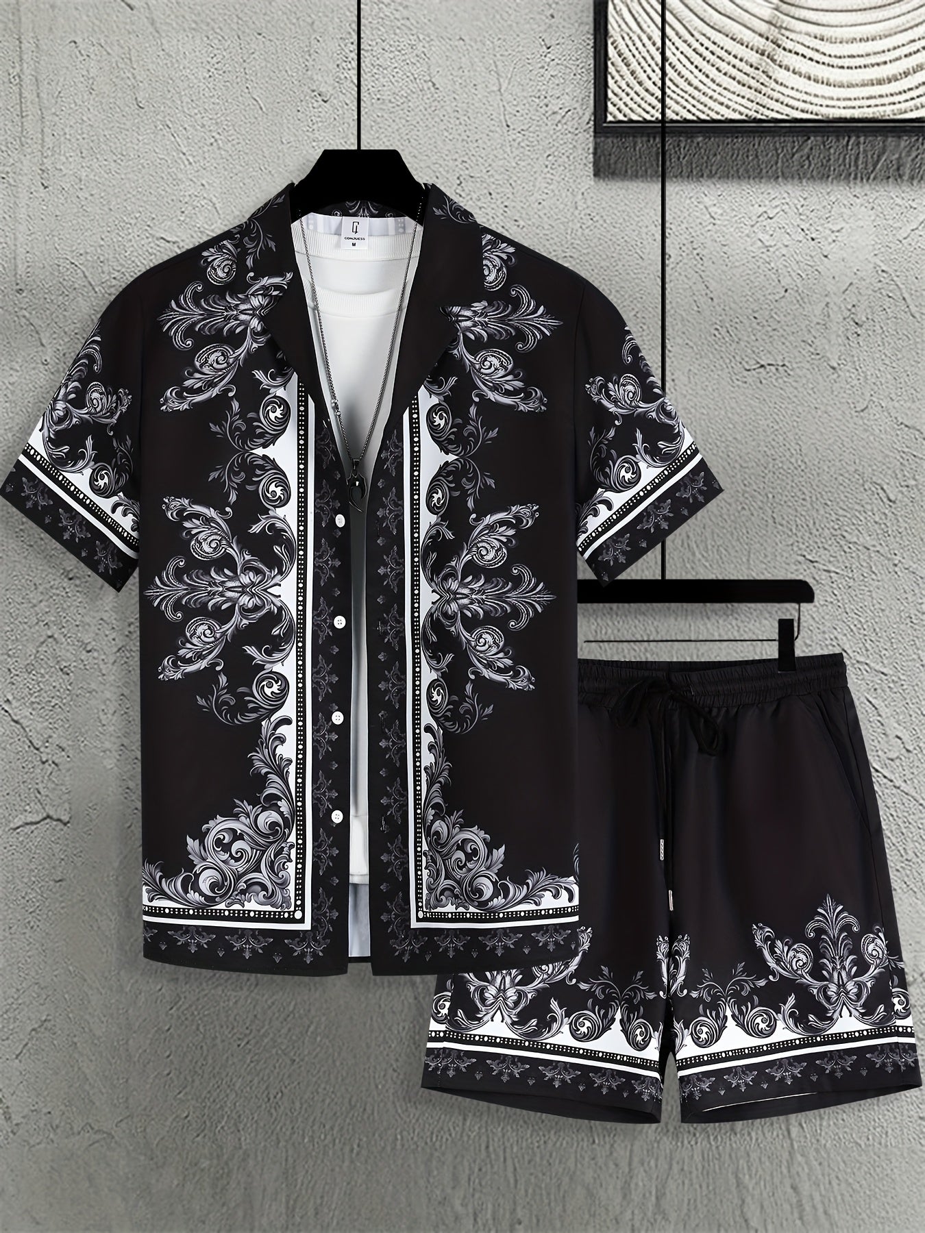 Men'S Suit with a Baroque Print Short-Sleeve Button-Up Shirt And Drawstring Side Pocket Shorts, Two-Piece Loungewear Set.