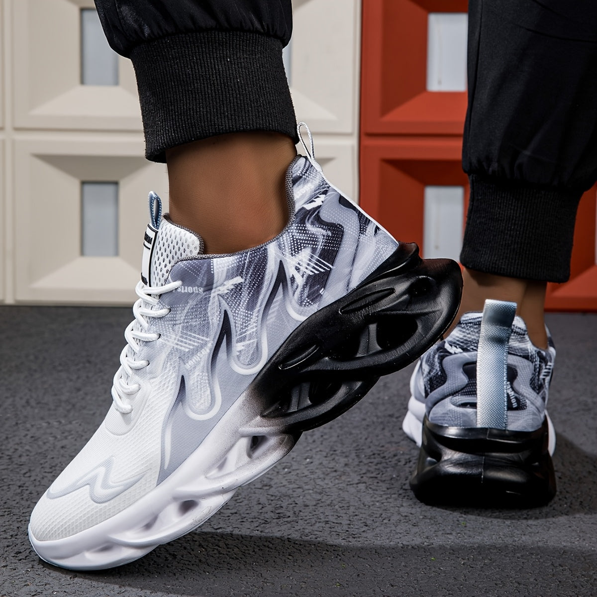 Men's Breathable Athletic Sneakers - Non-Slip, Stylish Black White Gradient Geometric Design, Comfortable Casual Shoes with Elastic Sole for Casual Attire