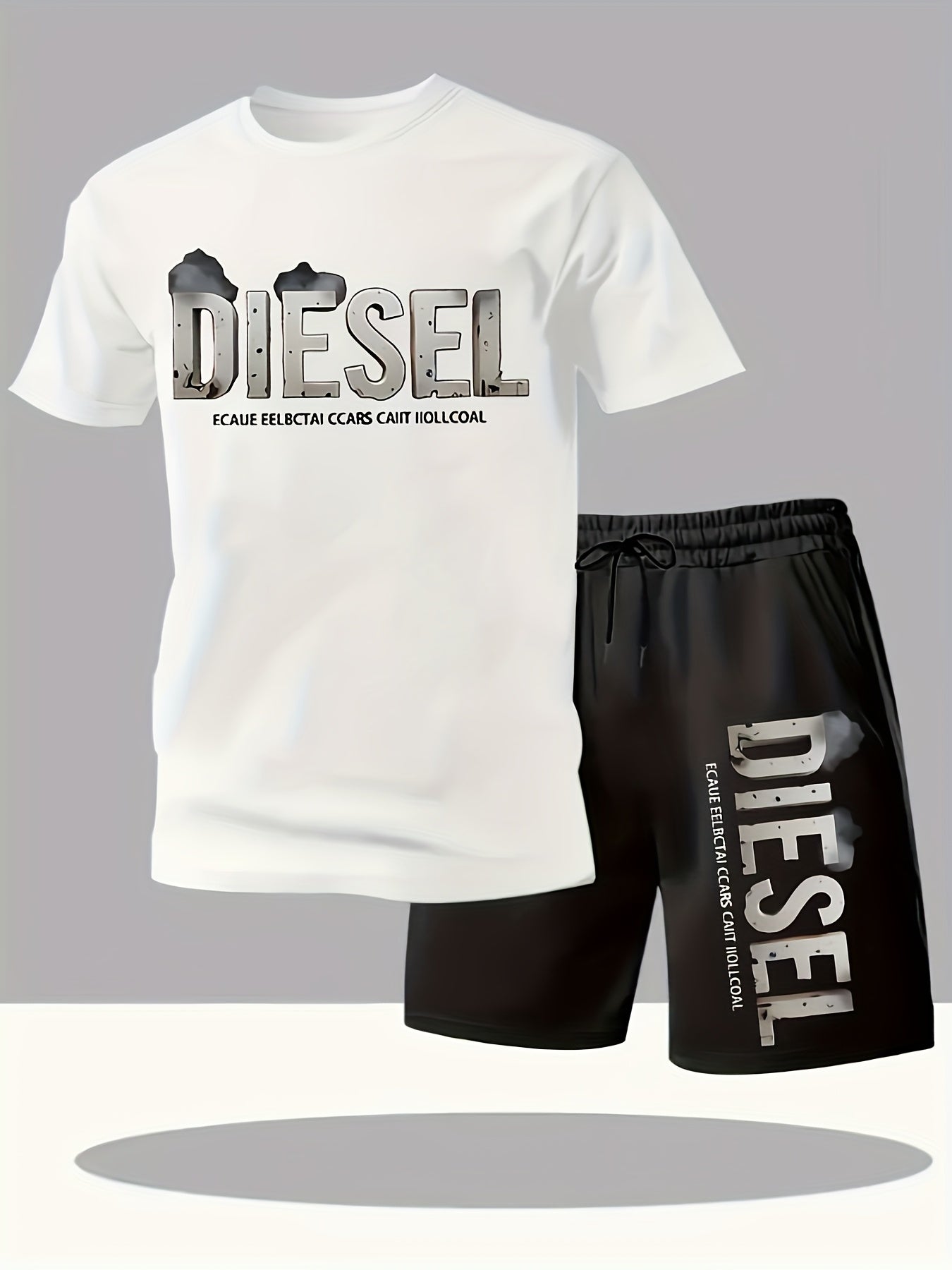 Summer Men'S Casual Sports Short Sleeve T-Shirt and Shorts Set, Comfortable Breathable, Suitable for Outdoor Jogging Running Fitness, Diesel Letter Print Design - 2pcs Set