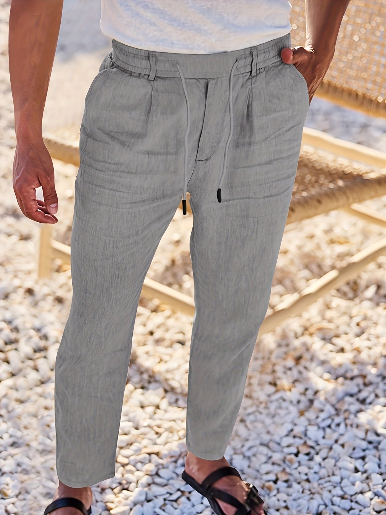 Men'S Casual Linen Drawstring Pants - Comfortable Straight Fit, Lightweight & Breathable for Beach & Outdoor Activities, Beach Casual Wear|Straight Fit Pants|Lightweight Fabric
