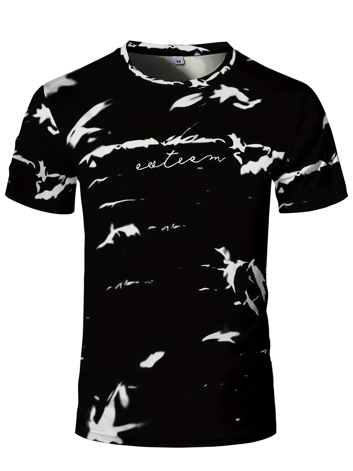 Men's High-Elasticity Anti-Tear Graffiti T-Shirt - Black White Geometric Print, Tight-Fit Athletic Top for Gym, Running, Yoga Casual Summer Wear, Gym Clothes, Highelastic Polyester, Short Sleeve Design