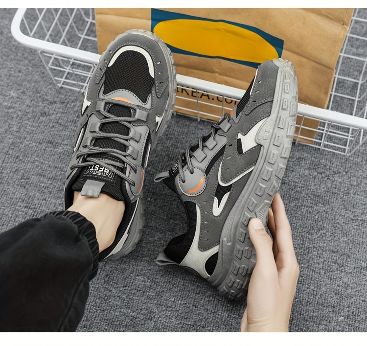 Men's Trendy Chunky Sneakers - Breathable Mesh PU Upper, Durable PVC Sole, Lace-Up Casual Sneakers in Gray, Black Orange, All-Season Comfort for Casual Attire