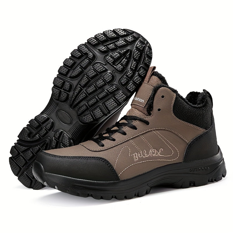 Men's Mid-Top Outdoor Sneakers | Plush Lining for Warmth | Durable MD Sole | All-Season Comfort | Stylish Black | Casual Walking Shoes with Hook & Loop Fastener | Ideal for Travel and Everyday Use