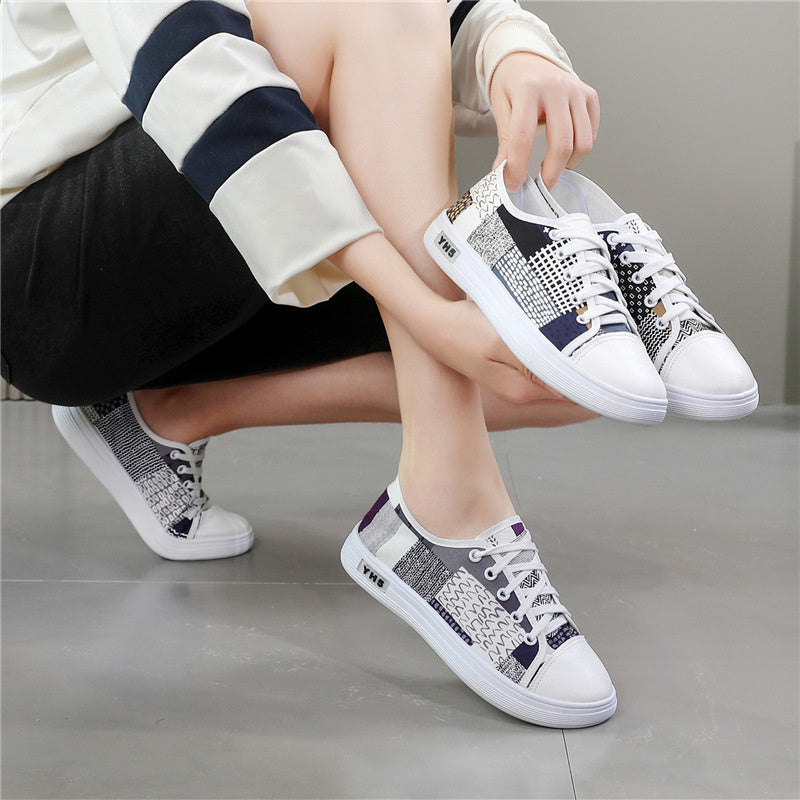 Women'S Lightweight Breathable Casual Sneakers - Comfortable Low-Top Lace-Up Shoes with Soft Fabric Lining, Durable Rubber Sole Stylish White Navy Blue Design for Spring/Summer Casual Attire, Ladies Sneakers, Everyday Foo