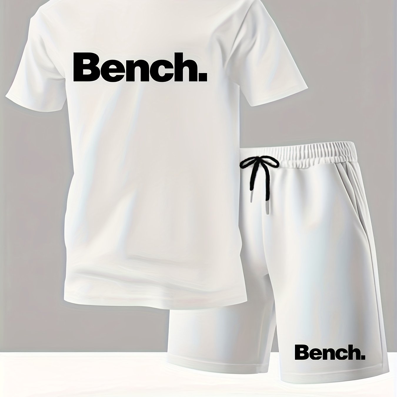 Summer Men'S Casual Sports Short Sleeve T-Shirt and Shorts Set, Knitted Polyester Fabric, Comfortable Breathable, Bench. Letter Print Design - 2pcs
