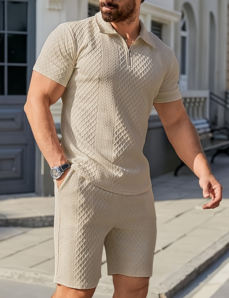 Men'S "Claude" Summer Polo Shirt Set - Short Sleeve, Shorts, and Zipper Detailing, Polyester, Casual Style, Casual Attire|Short Sleeve Shirt|Polyester Fabri