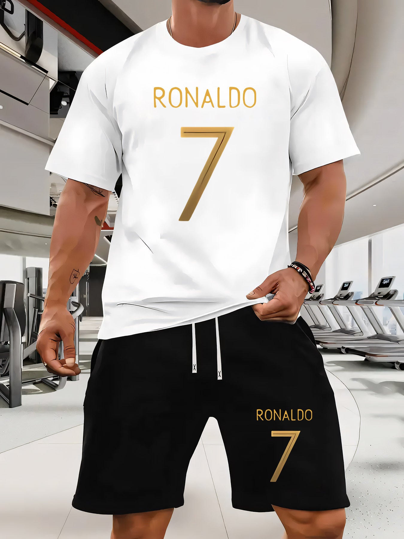 Ronaldo 7 Print Men'S Short Sleeve T-Shirt and Waistband Shorts 2pcs Casual Sports Regular Top & Bottom Set, Suitable for Spring/Summer