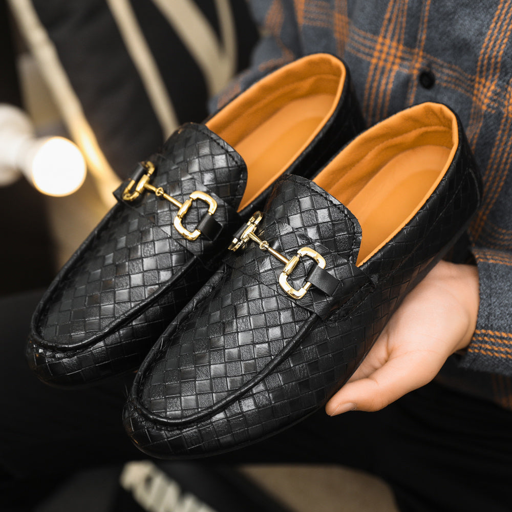 Men's Slip-On Loafers - Black Tan Casual Shoes with Golden-Tone Metal Accents, Round Toe Comfort, All-Season Versatile for Office Social Events, Casual Attire, Elegant Style, Premium Material, Modern Gentlemen