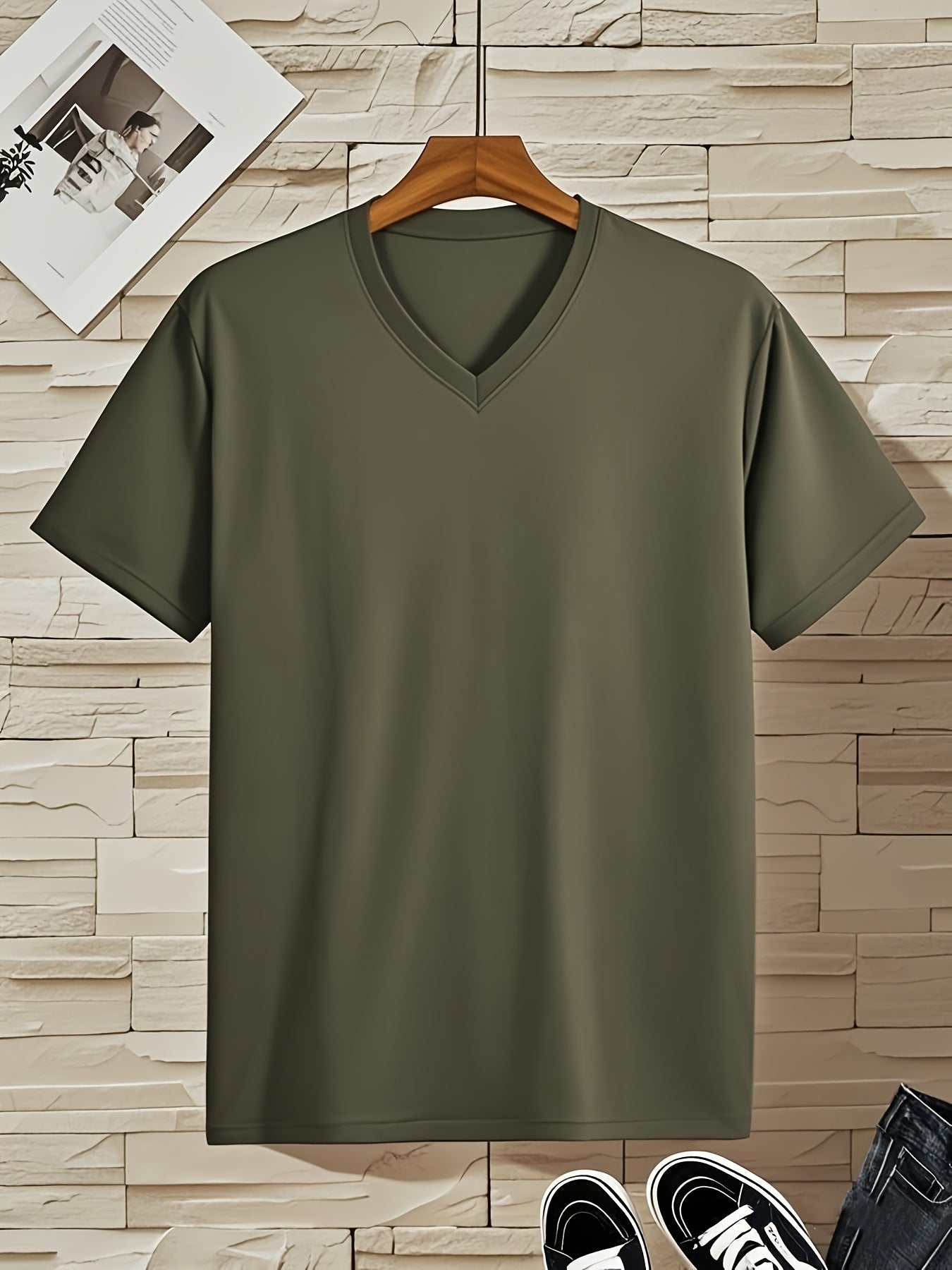 Men'S V-Neck Short Sleeve T-Shirt - Lightweight Breathable, Casual Fit, Solid Black, Perfect for Summer, High-Quality Knit Fabric, Everyday Tshirt Casual Style Comfortable Fit