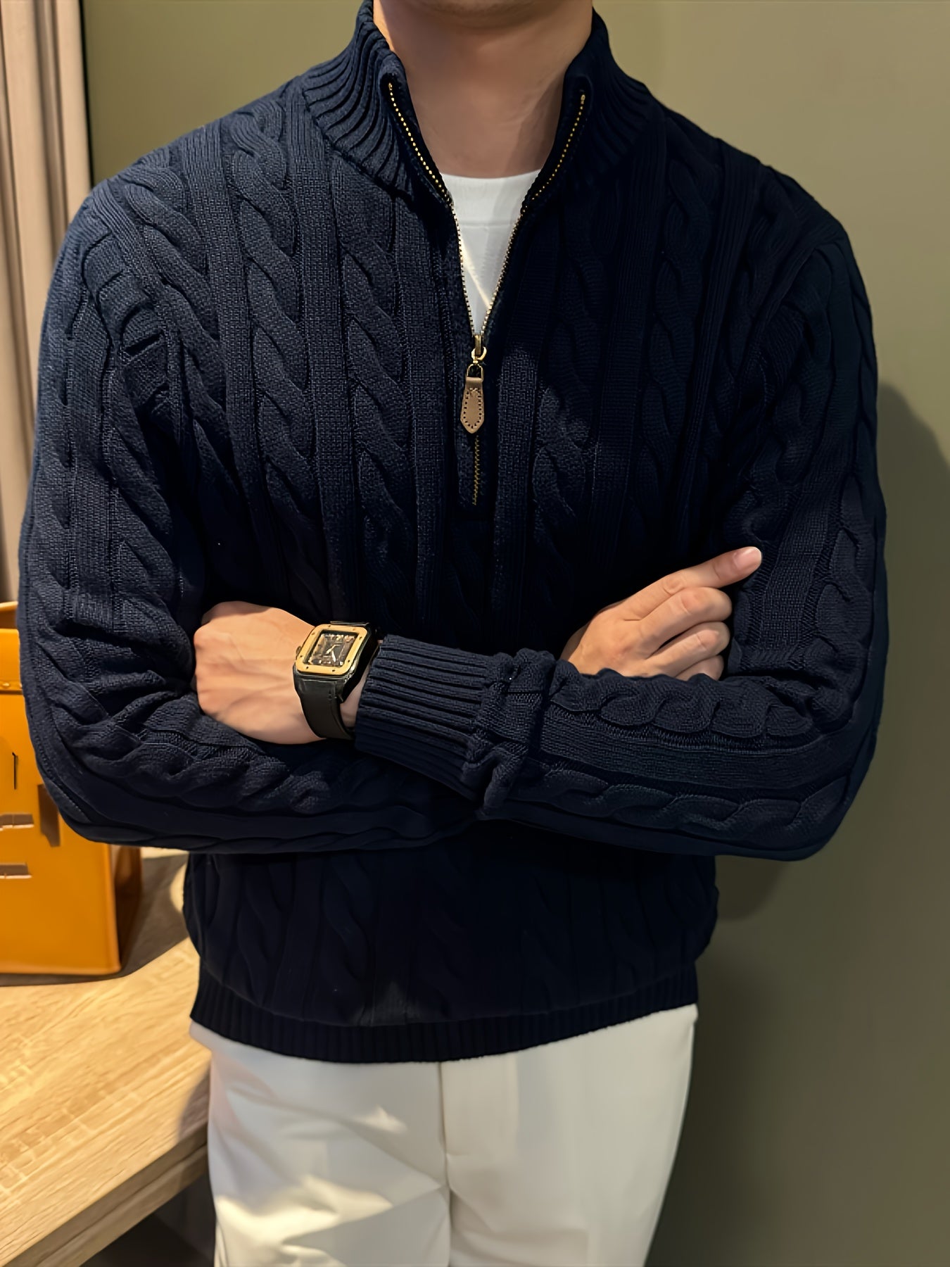 Men's Casual Knit Cotton Half-Zip Sweater with Stand Collar