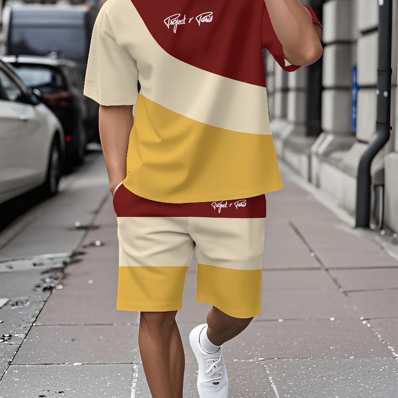 Summer New Round Neck Short Sleeve T-Shirt Set, 3-Color Patchwork Pattern, Front Chest Fashion Letter, Casual Style, Simple Matching Outfit Suitable for Date Night