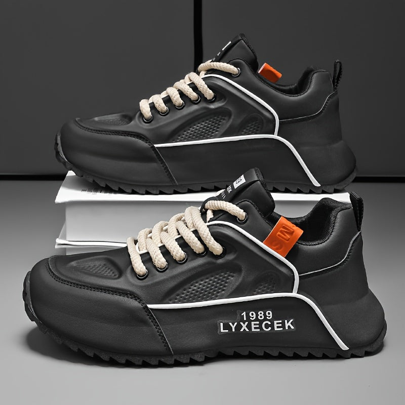 LYXCEK Men's Summer Casual Running Shoes - Trendy Chunky Sneakers with Height Boost, Black Beige, Lace-Up, Breathable Fabric Lining, Non-Slip PVC Sole, Fit