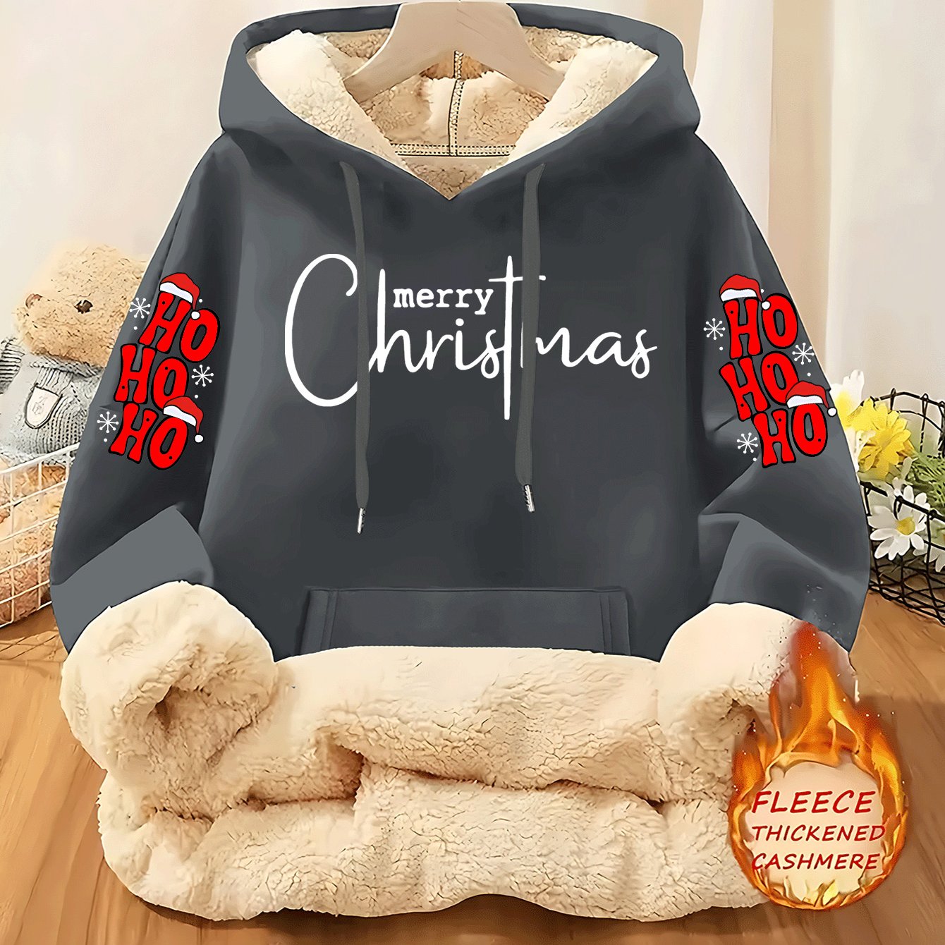 Christmas & Merry Christmas Letter Element Printed Women's Lined Hooded Sweatshirt, Thick and Warm Polyester Fabric Jacket, Suitable for Casual Composite Fabric Warm Clothing for Autumn and Winter Season