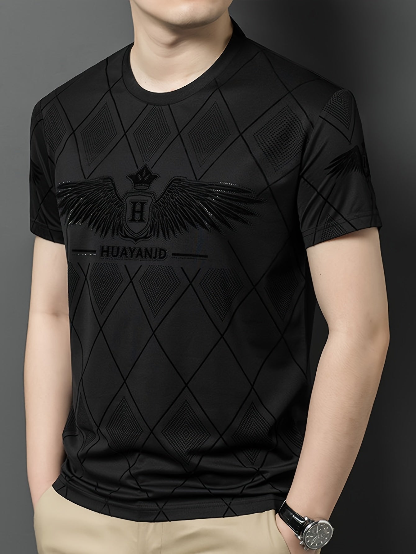 SINBOS Men's 2025 Summer Short Sleeve T-Shirt - Black Casual Graphic Print Tee with Wing HUYAND Logo Design, Breathable Stretch Fabric, Round Neck Regular Fit for Casual Attire, Nontransparent Material, Relaxed Fit, Trendy