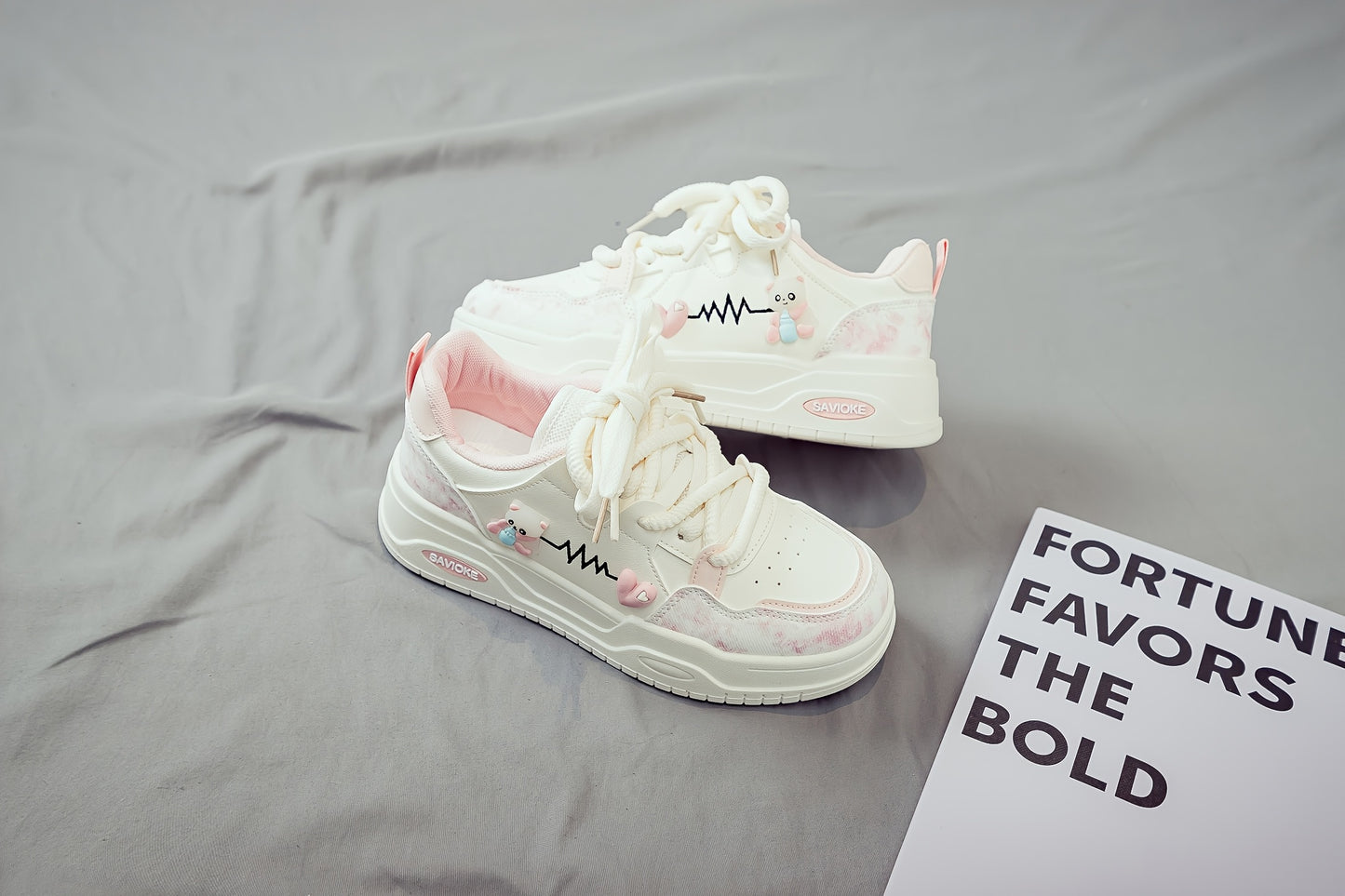 Women's White Mid-Top Sneakers with Bear Heart Stripes Design - PU Cover Upper, Thick Cushioned PVC Sole - Trendy Casual Shoes for All-Season Comfort