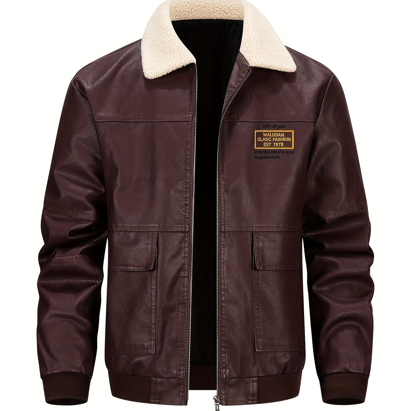 Men'S Faux Leather Bomber Jacket with Fleece Lining - Casual Motorcycle Style, Zip-Up, Long Sleeve, Drop Shoulder, Polyester Lining, Regular Fit, Outdoor & Hiking Wear, Outdoor Jacket | Bomber Jacket | Polyester Lined Jacket