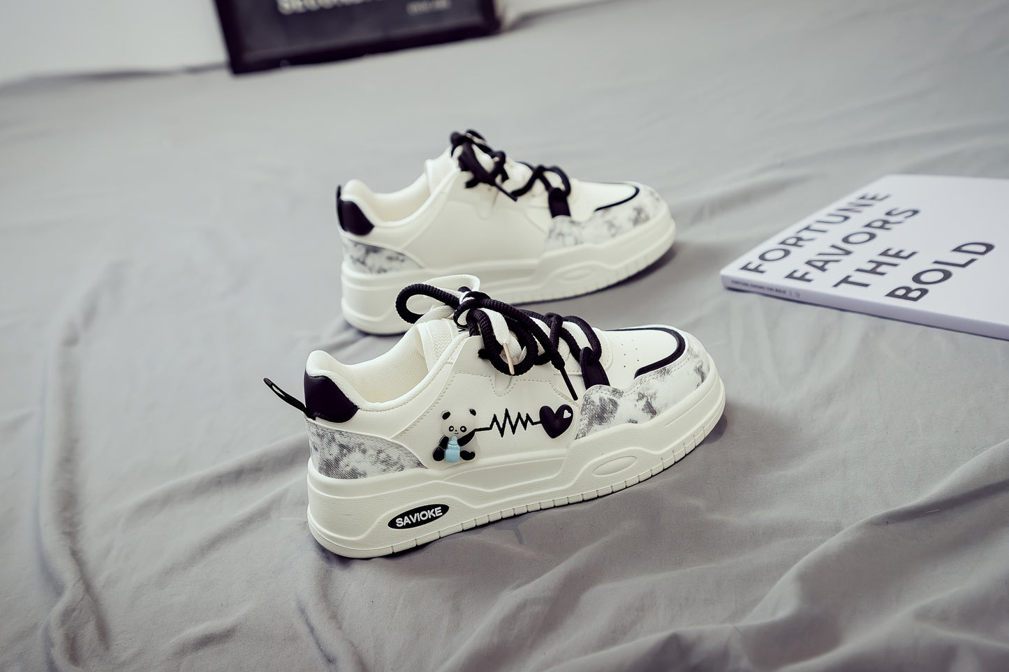 Women's White Mid-Top Sneakers with Bear Heart Stripes Design - PU Cover Upper, Thick Cushioned PVC Sole - Trendy Casual Shoes for All-Season Comfort