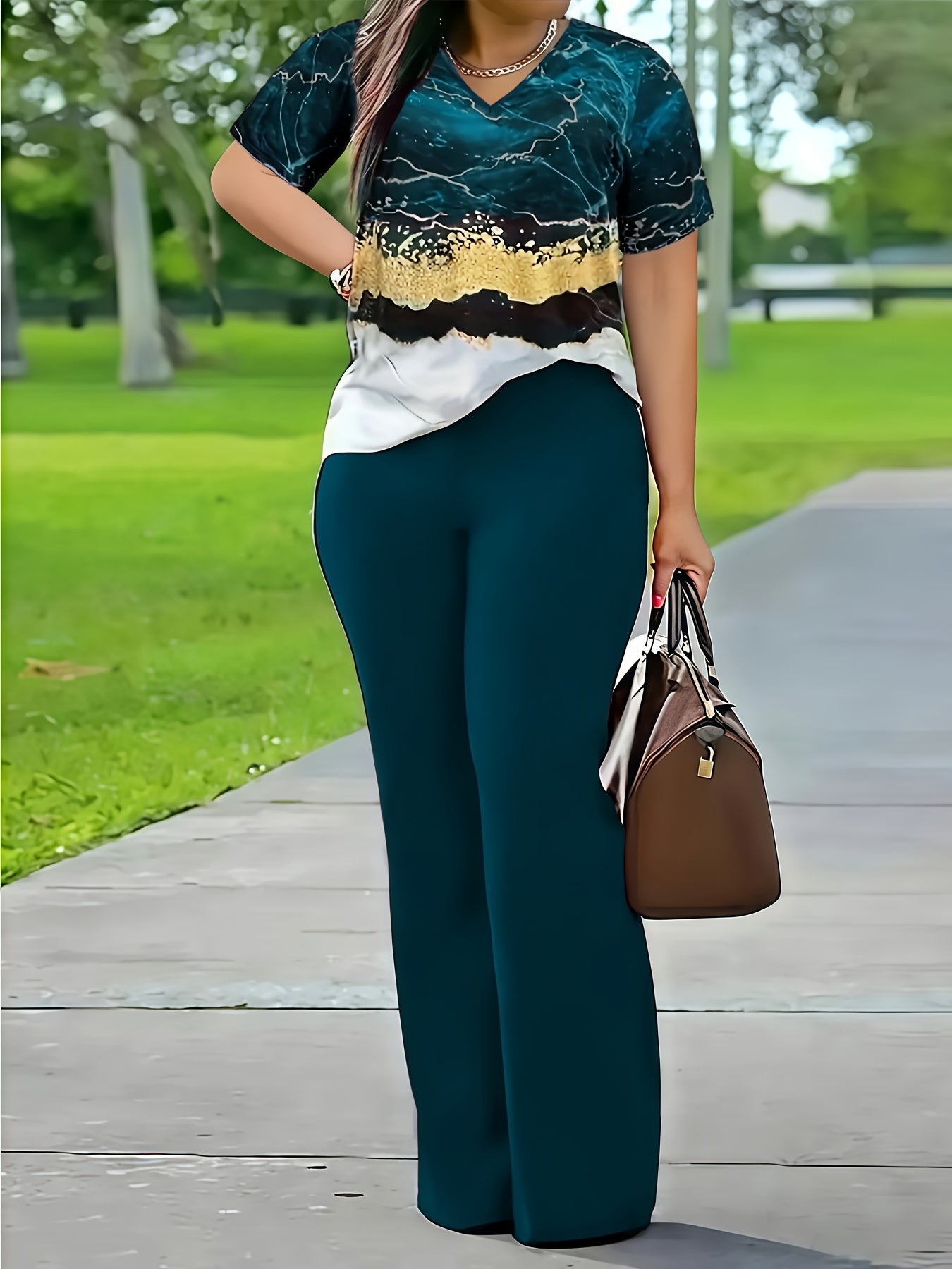 Xi Jun Bamboo Premium Casual Elegant V-Neck Printed Short Sleeve T-Shirt and Pants Two-Piece Set