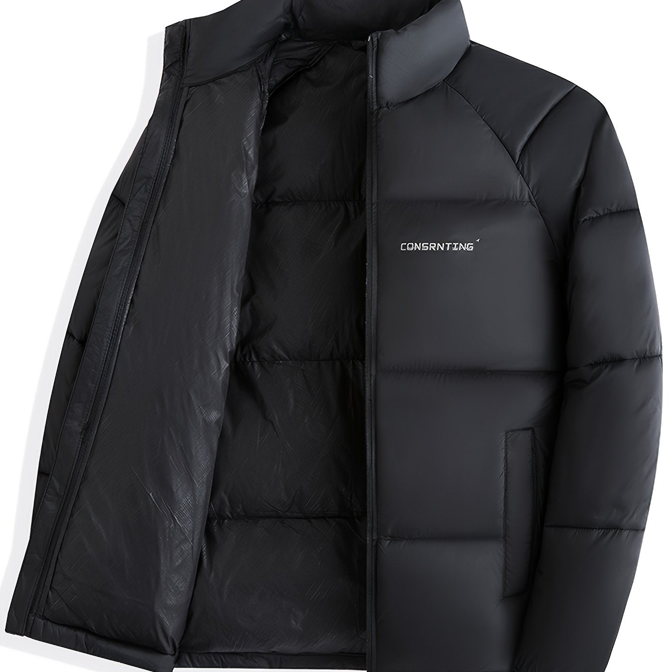 Men'S Winter Warm Jacket - Stylish Black Stand Collar with "CONTRIBUTING" Lettering, Long Sleeve, Zip-Up, Polyester Fleece Lined, Casual Outdoor Sportswear, Winter Jacket, Men, Men'S Business Coat, Men'S Outer Winter, Winter