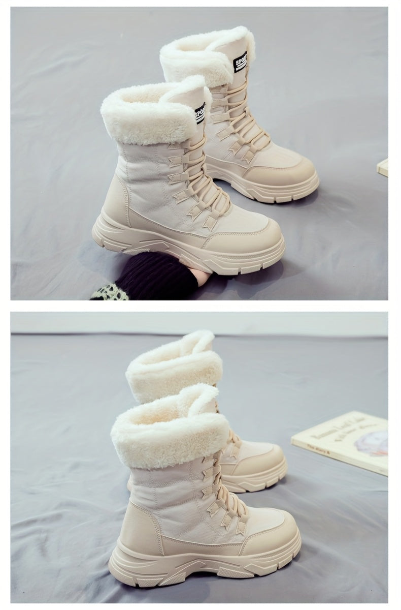 Women'S Winter Boots - Thick Platform Sole for Height & Traction, Lace-Up Mid-Calf Boots with PU Synthetic Cover Upper, Non-Slip PVC Outsole - Beige/White Cold Weather Shoes for Everyday, Formal, Party - Easy-Clean & Durable