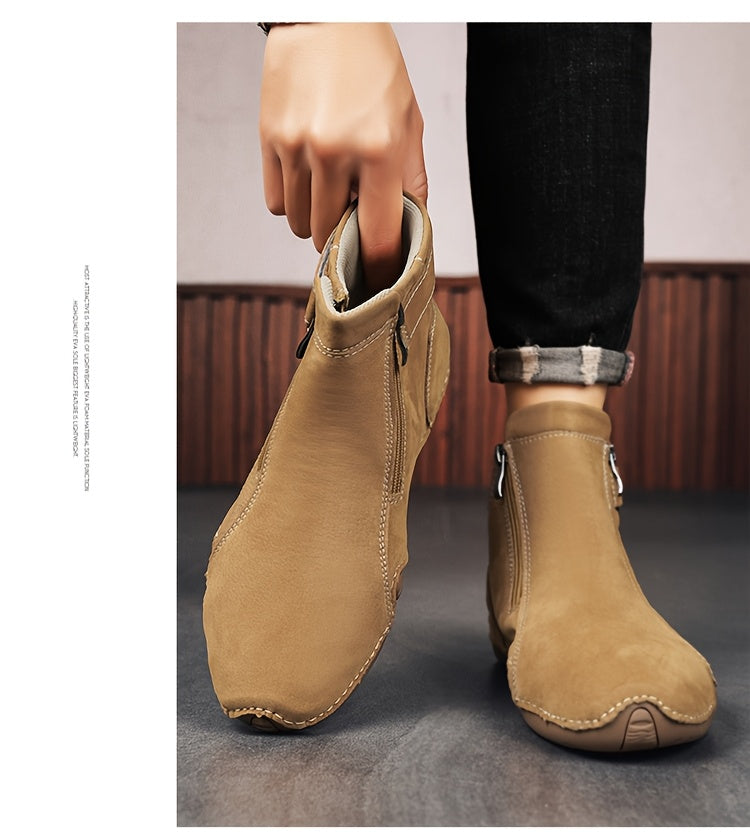 Men'S High-top Casual Shoes With Anti-slip, Comfortable, Outdoor, Fashionable, Plus Size, Business, Hand-stitched, Zipper, Cro, Lace-up.