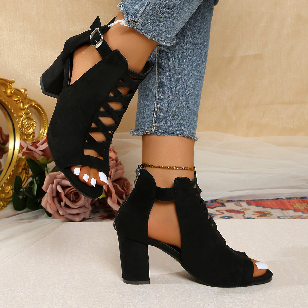 Women'S High-Top Block Heel Sandals - Stylish Black Open-Toe with Ankle Strap, Zipper Closure, and Cut-Out Design, Perfect for Casual or Formal Occasions, Casual Footwear High Heel Sandals Rubber Sole Sandals