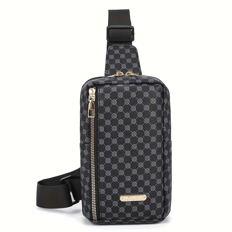 Men'S Classic Black PU Crossbody Bag with Geometric Pattern, Key Holder, Zipper Closure, Polyester Lining, Urban Style, Commuter Bag Geometric Pattern Bag Zippered Closure Bag