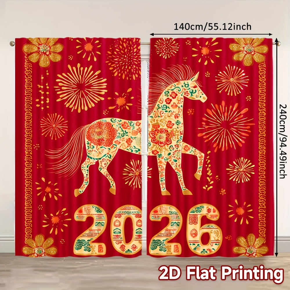 2D Flat, 2pcs, 2D Flat Printing New Year atmosphere curtains Festive Horse 2026 Celebration, Polyester, for Bedroom, Study, Living Room, Balcony, Office, Dormitory, Home Decoration, (rod free), 2D Flat, Celebration Setup, Sea