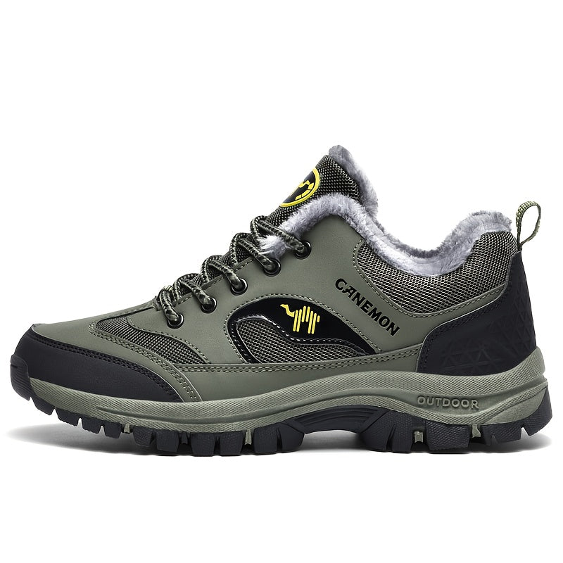CANEMON Men's Low-Top Winter Snow Boots Sneakers - Olive Green & Black Traction Tires, Animal Print Design, EVA Cushioned Insole & Rubber Sole for Ice & Snow, All-Terrain Comfortable Walking Shoes