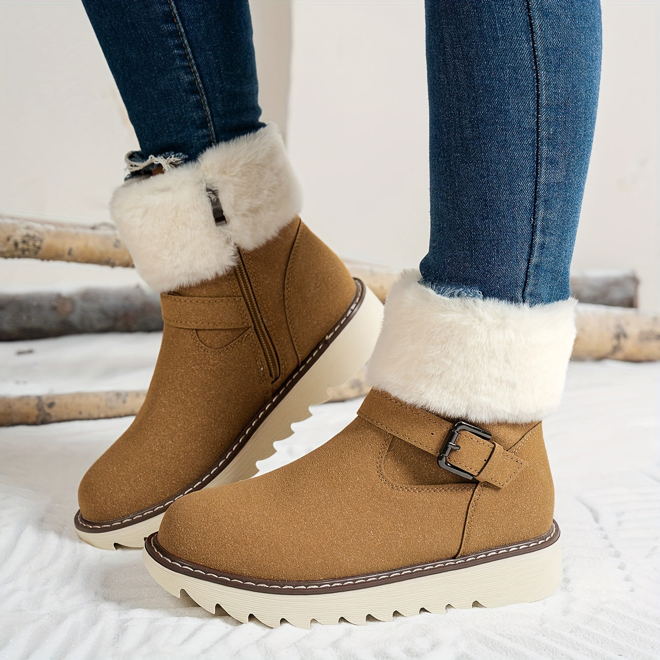 Women's Winter Snow Boots with Plush Faux Fur Collar & Buckle Closure - Round Toe TPR Sole Slip- Warm Ankle Boots, Soft Fabric Upper & Lining, Black/White/Beige/Coffee Brown - Casual & Formal Winter Footwear for Snow & Ice -