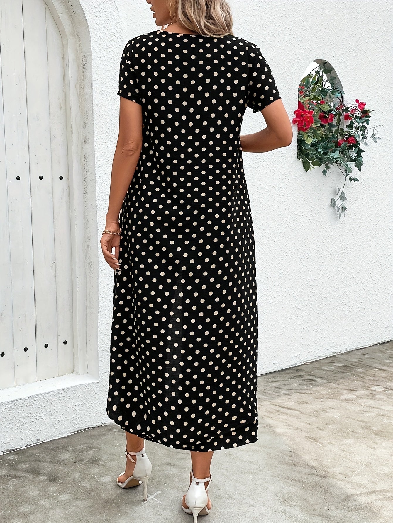 Chic Black & White Polka Dot Cross-Front Short Sleeve Maxi Robe and Pants Set - Elegant Summer Outfit for Women, Crew Neck, Non-Stretch Fabric with Asymmetrical Detail, Plus Size Friendly, Casual Elegance Wear | Polka Dot Pat