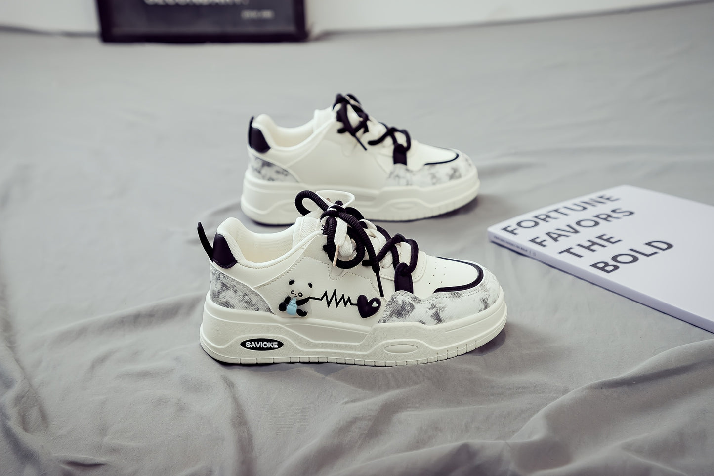 Women's White Mid-Top Sneakers with Bear Heart Stripes Design - PU Cover Upper, Thick Cushioned PVC Sole - Trendy Casual Shoes for All-Season Comfort