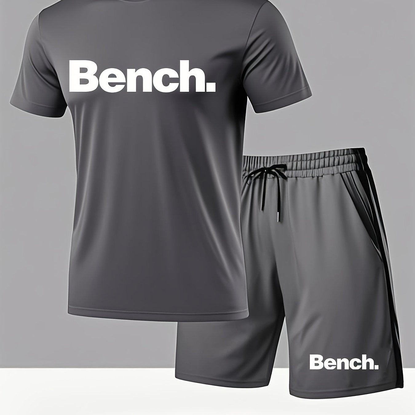 Summer Men'S Casual Sports Short Sleeve T-Shirt and Shorts Set, Knitted Polyester Fabric, Comfortable Breathable, Bench. Letter Print Design - 2pcs