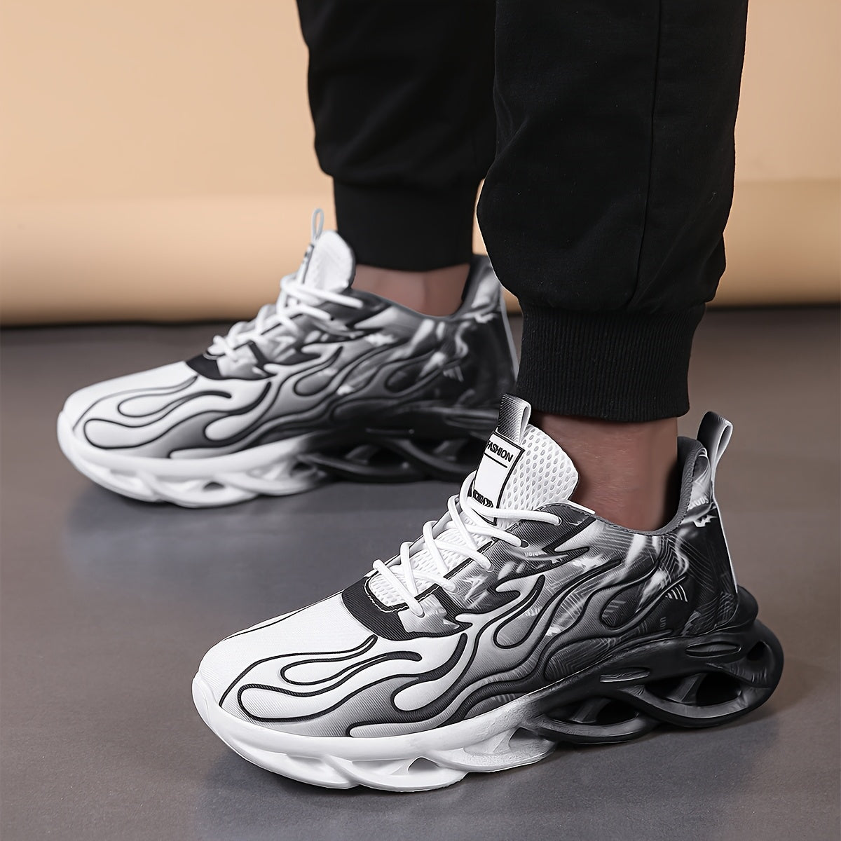 Trendy Black White Gradient Sneakers - Breathable Mesh, Thick Sole for Height Boost, Fashion Athletic Casual Running Shoes with Flame Design, Perfect for Students Casual Attire, High Top Sneakers