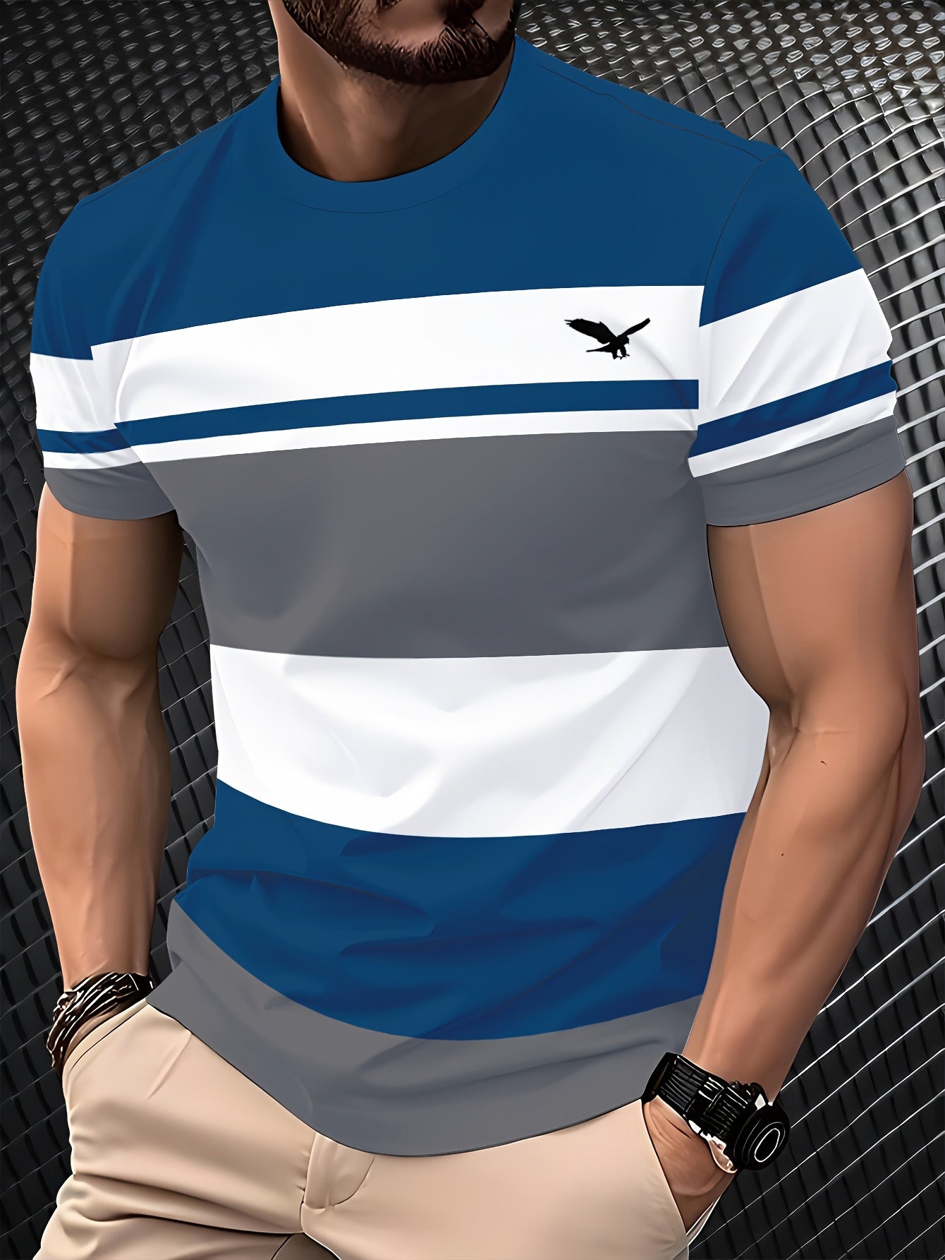 Men'S 3D Digital Print Short Sleeve T-Shirt - Breathable Round Neck, Non-See-Through, Lightweight Comfortable, Casual Style with Eagle Logo, Perfect for All Seasons, Versatile Clothing Stylish Graphic Tee Comfortable Fi