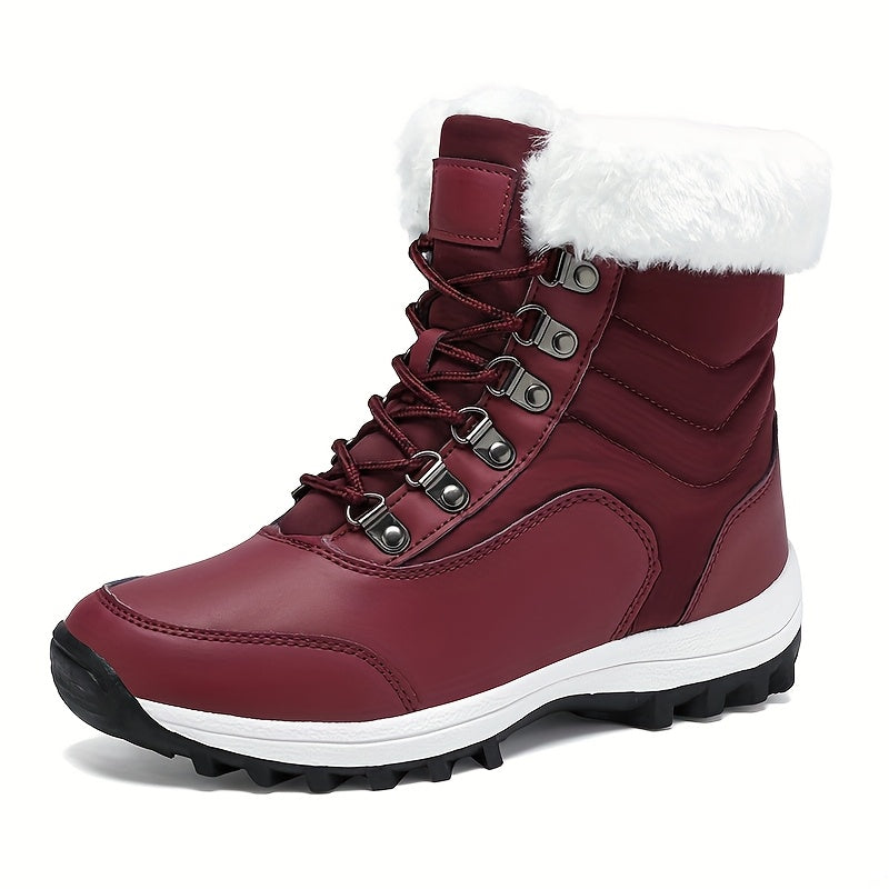 Women's Winter Snow Boots with -Like Collar & Traction Tread - Warm Round Toe Ankle-High Black/White Booties, Rubber Sole for Ice & Snow, Cold Weather Shoes (No Calf Strap) - Chinese New Year Ready Footwear