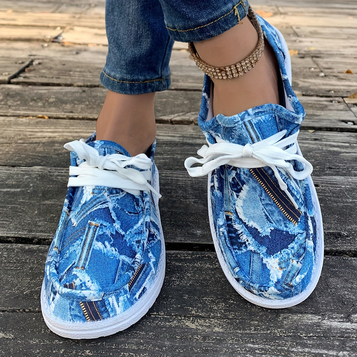 Women's Denim Print Flat Sneakers, Lightweight Round Toe Low Top Shoes, Casual Outdoor Walking Shoes plus size
