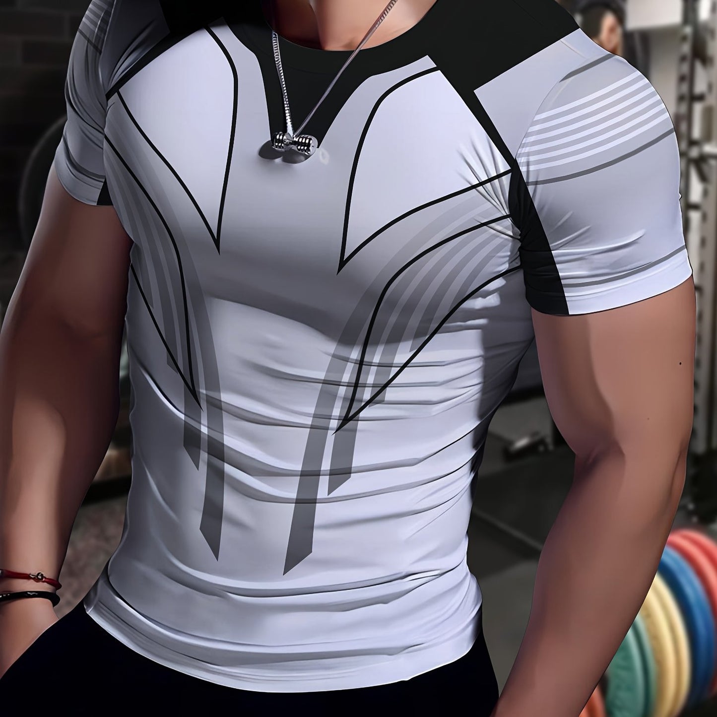Men'S Slim Fit Breathable T-Shirt with Intricate Black White Geometric Print - Moisture-Wicking Polyester-Spandex Blend, Machine Washable, Round Neck Short Sleeve for Summer Casual Wear, Gym, Hiking Outdoor Activities