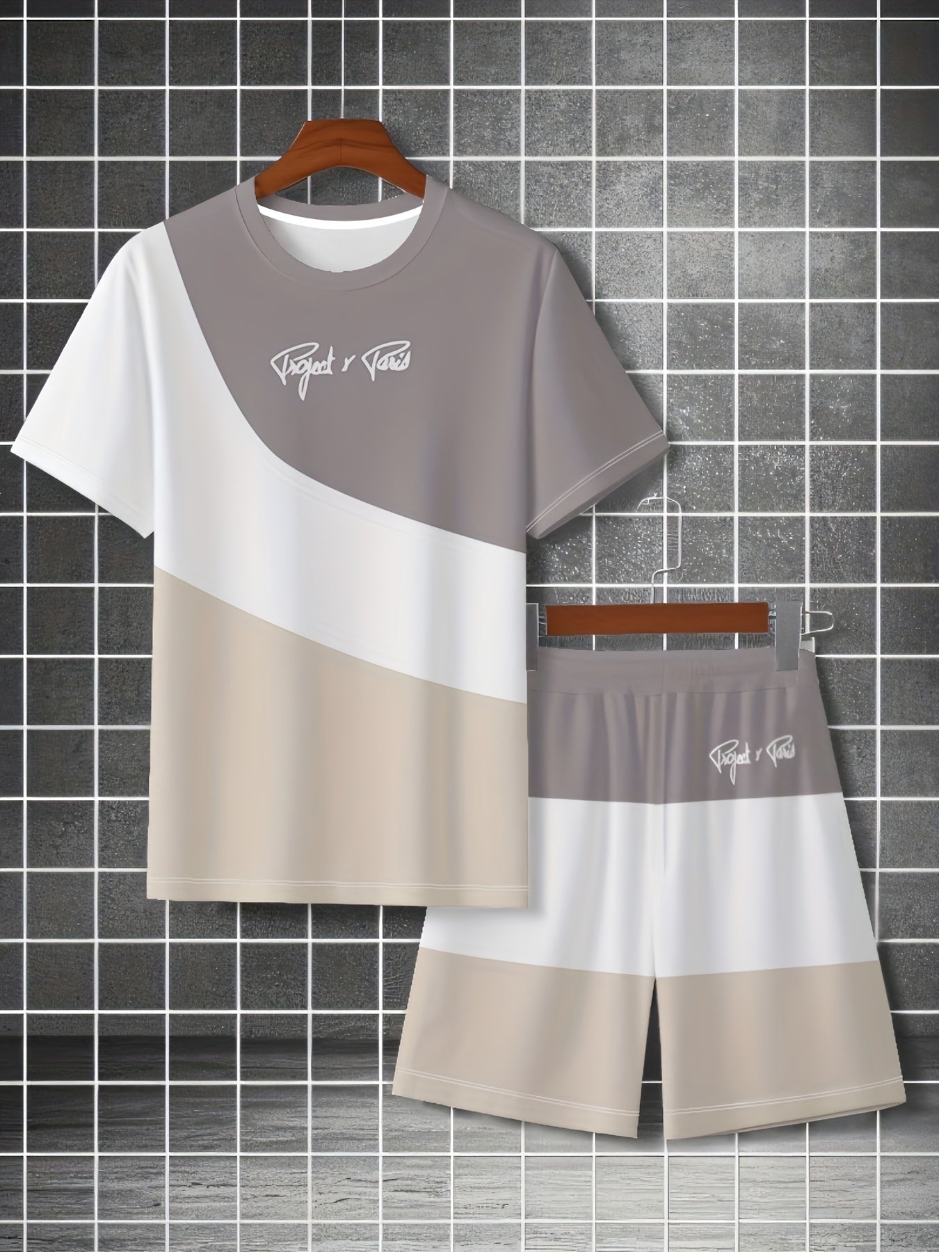 Summer New Round Neck Short Sleeve T-Shirt Set, 3-Color Patchwork Pattern, Front Chest Fashion Letter, Casual Style, Simple Matching Outfit Suitable for Date Night