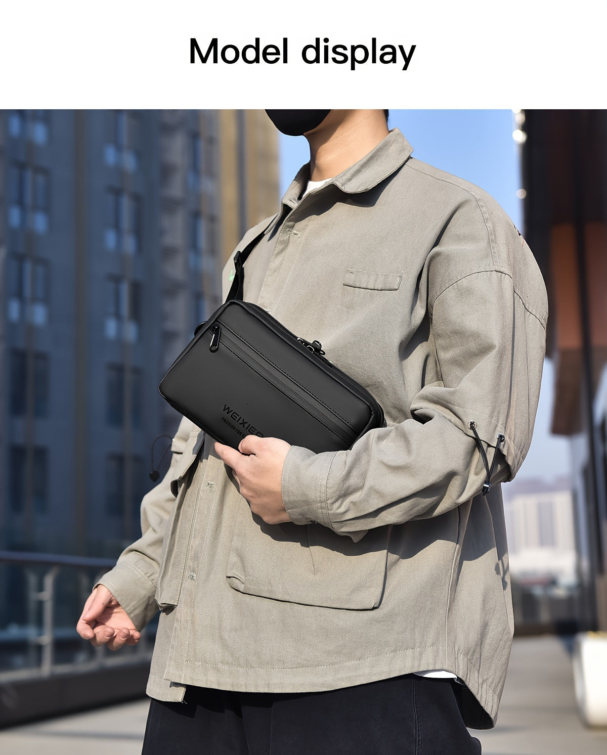 WEIXIER Men's Casual Nylon Handbag - Large Capacity with Adjustable Wrist Strap, Sleek Black for Daily Use, Valentine's Day Gift for Him, Outdoor Bag Casual Style Nylon Material