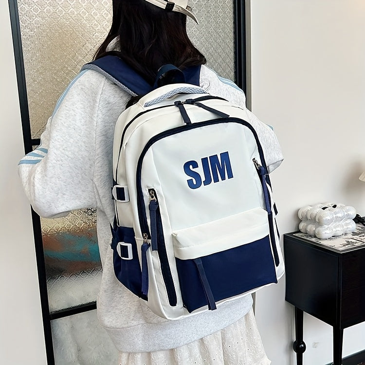 Stylish Unisex Nylon Backpack - Durable Casual Travel School Bag with Adjustable Straps, White Blue Design, Lightweight and Spacious for Everyday Use, School Backpack Contrast Strap Design Polyester Lined, Travel Back